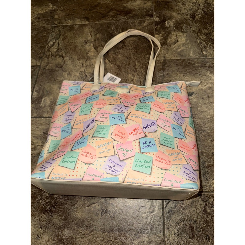 NWT‎ Betsy Johnson Tote Bag Multi Color Post It Note Print Zipper Top Straps - Picture 2 of 10